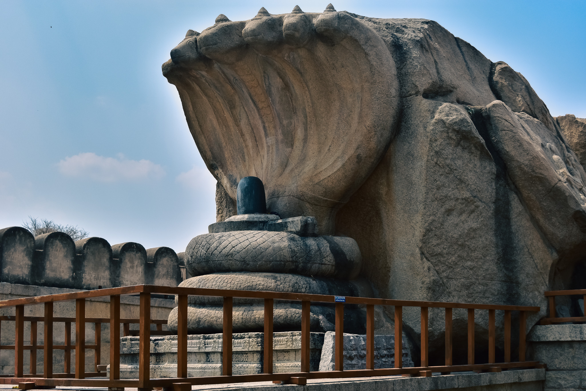 Wide photograph of the Naga Linga sculpture at Lepakshi temple.